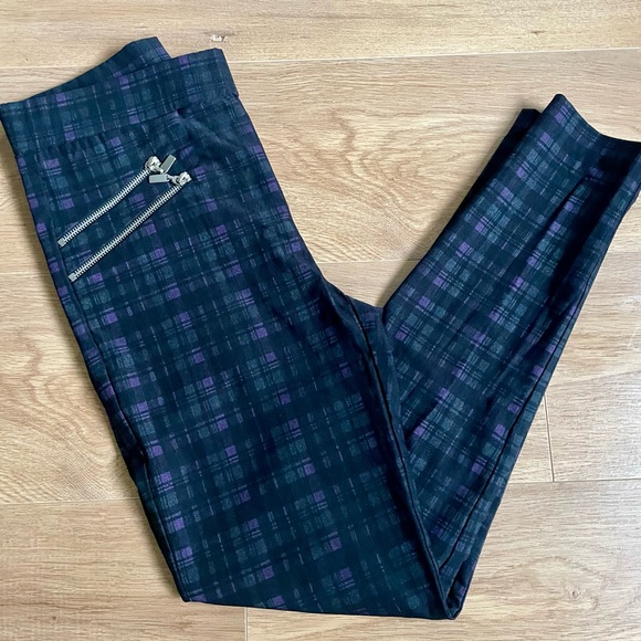 Joseph Ribkoff Plaid Skinny Pants Black Purple Zip Detail High Waist Size 8 - Picture 3 of 10